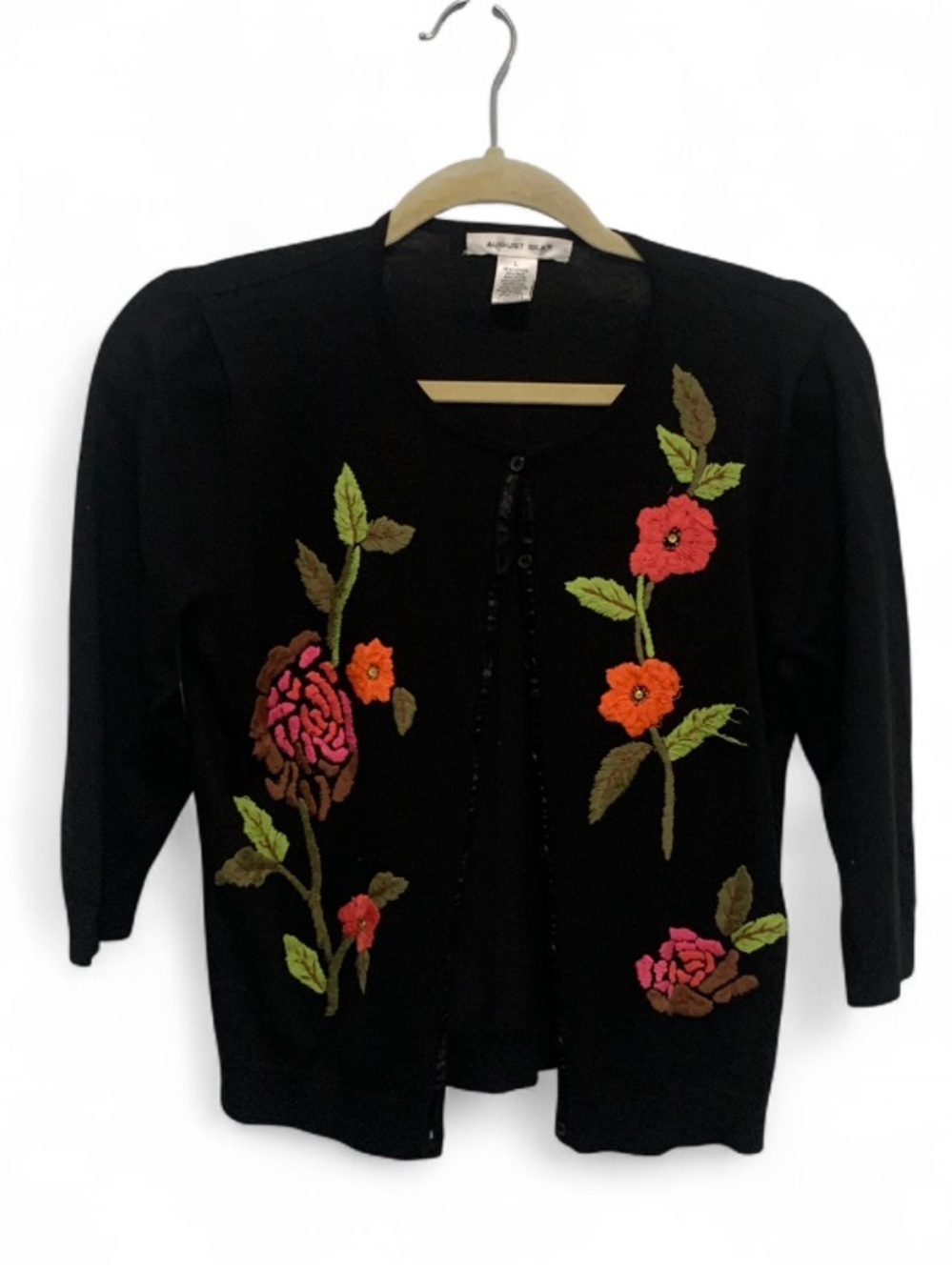 Y2K August Silks Black Grandma Cardigan with Pink and Orange Floral Embroidery